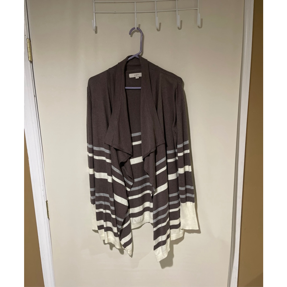 Women's LOFT M Brown White Striped Draped Open Front Cardigan Sweater Size M